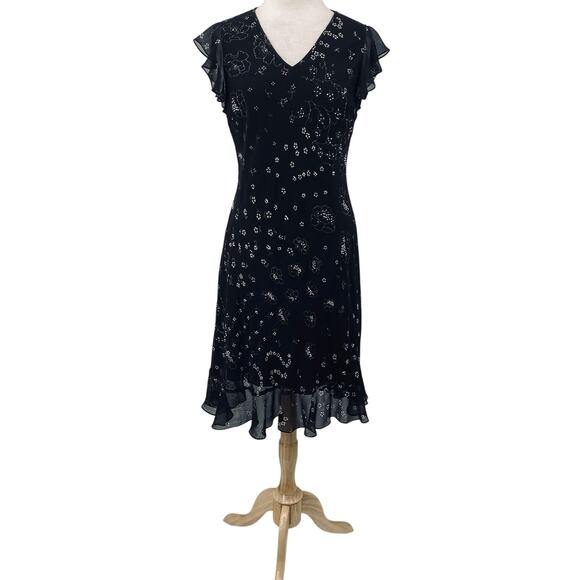 Vintage Y2k Beaded Floral Bias Cut Midi Dress Flutter Sleeve Fairy Black Medium - Picture 2 of 11